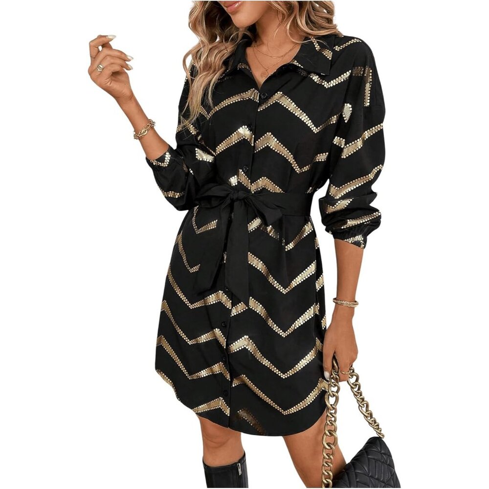 Women's Gold Long Sleeve Shirtdress Collared Party Office Casual Wear